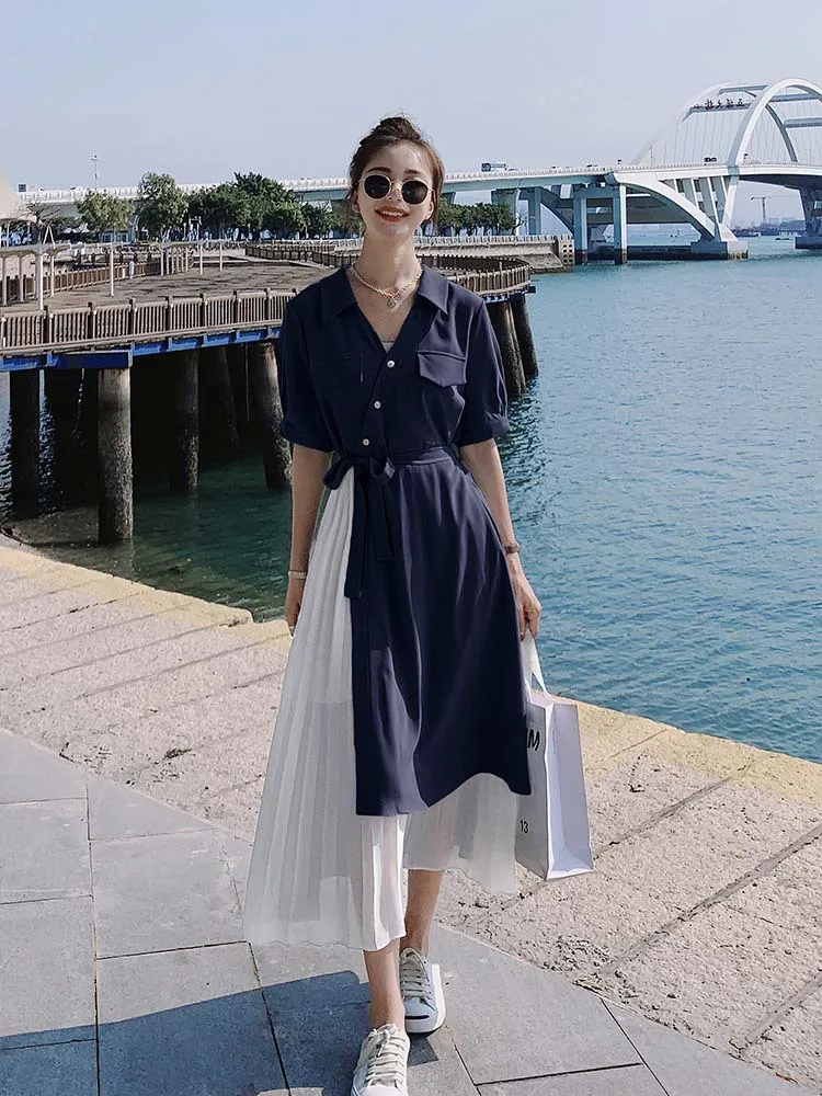 

French Chiffon Dress Women 2022 Summer Patchwork Irregular Elegant Hepburn Style Short Sleeve Long Dresses Female High Quality