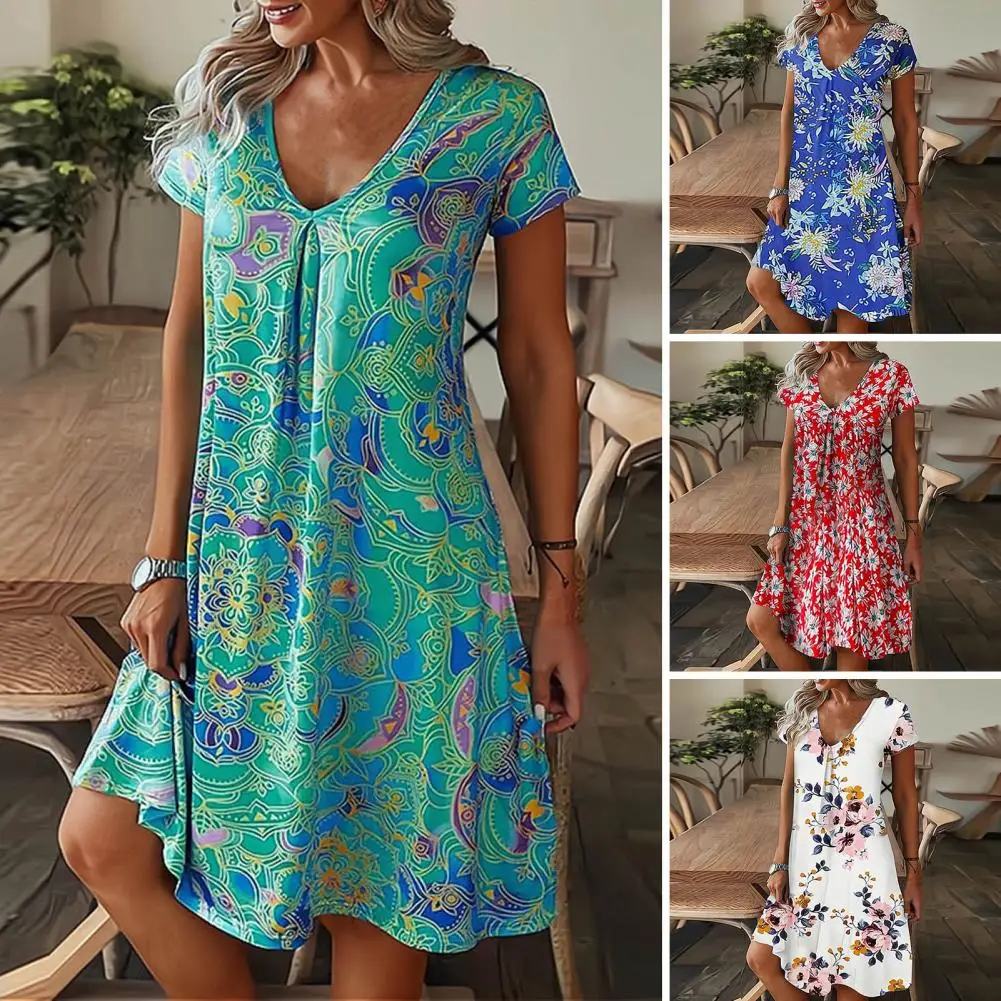 

Fashion Summer Dress Short Sleeve Anti-pilling Beach Style Feather Print Party Dress Comfy Casual Dress Streetwear