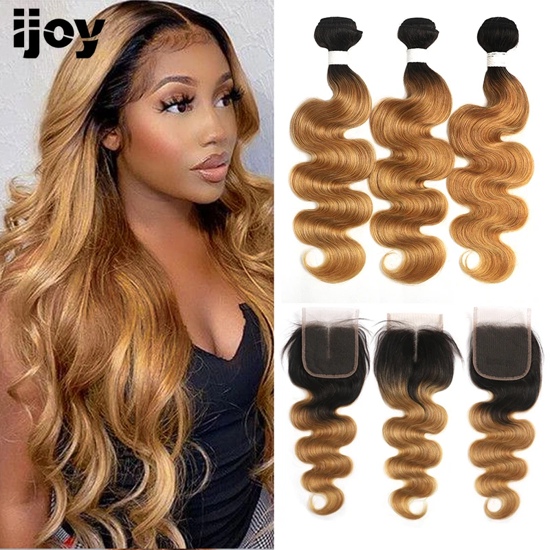 Body Wave Bundles With Closure Brazilan Human Hair Bundles With Lace Closure Ombre Honey Blonde Non-Remy Hair Bundles IJOY