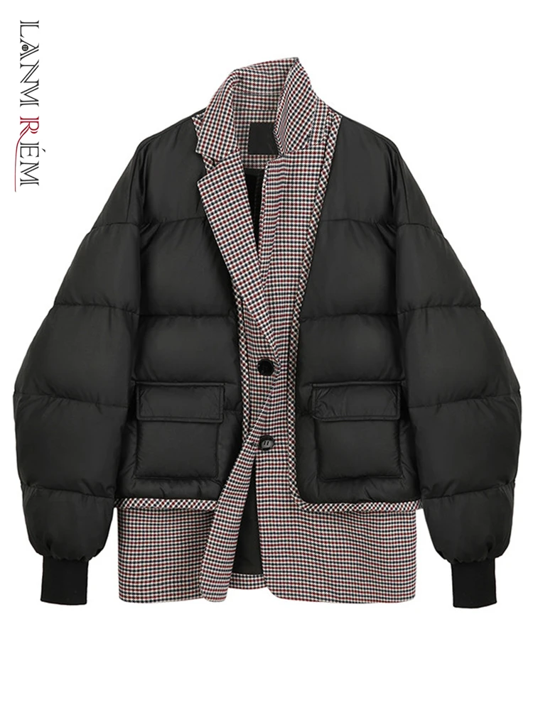 

LANMREM Cotton Padded Coat Women's Patchwork Color Block Single Breasted Loose Fashion Chic Warm Winter Plaid Coats 2R5800