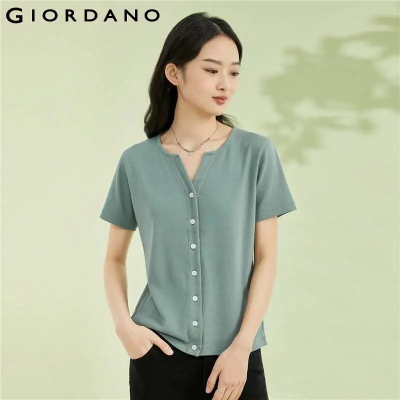 

GIORDANO Women T-Shirts Rib V-Neck Buttons Simple Basic Tee Short Sleeve Solid Color Comfort Summer Casual Tshirts 13323206