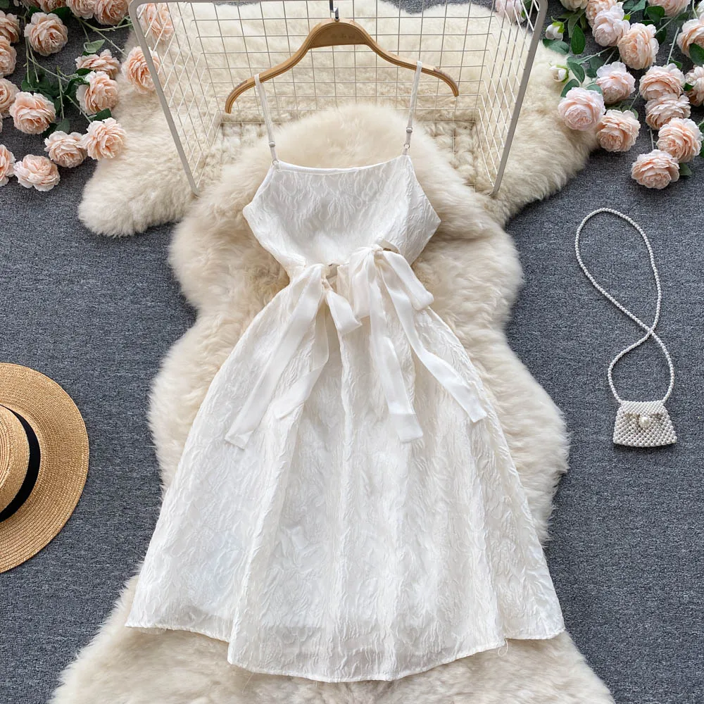 

2022 Summer New Hollow-out Midriff Strap A- Line Dress White Suspender Dress Dress for Women
