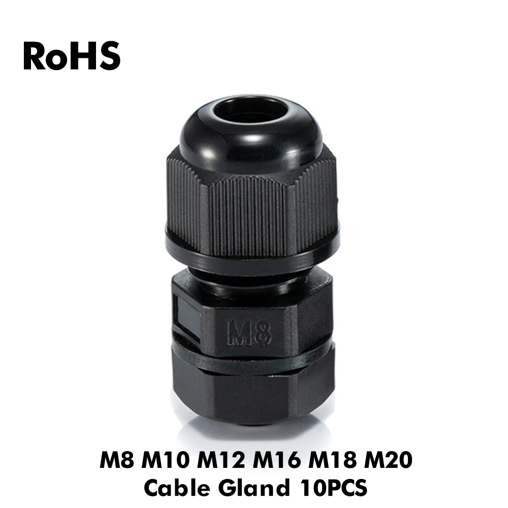 

10Pcs Waterproof Cable Gland M8 M10 M12 M16 M18 M20 White Black Nylon Plastic Sealed Fixed IP68 Wire Connector