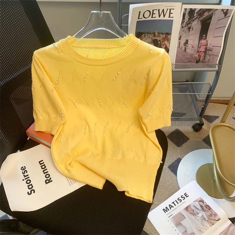 

Spring New Short Sleeve Beaded Pearl Knitted Sweater T-Shirt Summer Solid Color Round Neck Loose Casual Women's Tops