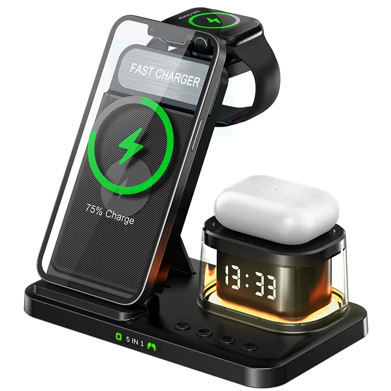 Складная ночная лампа 5 в 1 беспроводная зарядная станция портативная 15 Вт