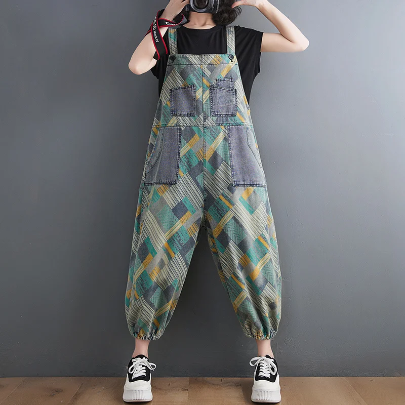 

#2383 Vintage Jeans Jumpsuits Rompers Womens Loose Printed Denim Jumpsuits Femme Wide Leg Haram Overalls For Women Spring Summer