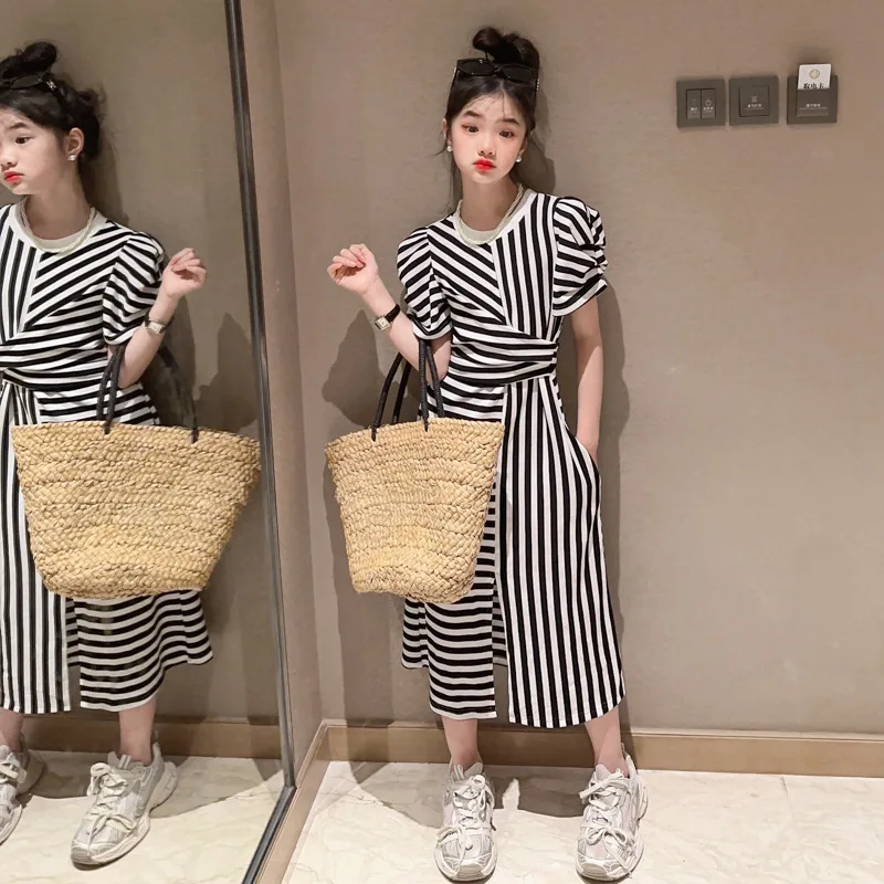 

Summer Girls Striped Dress Fashion Puff Sleeve O-neck Princess Dresses for Kids Casual Design 12 13 14 Years Children Costumes