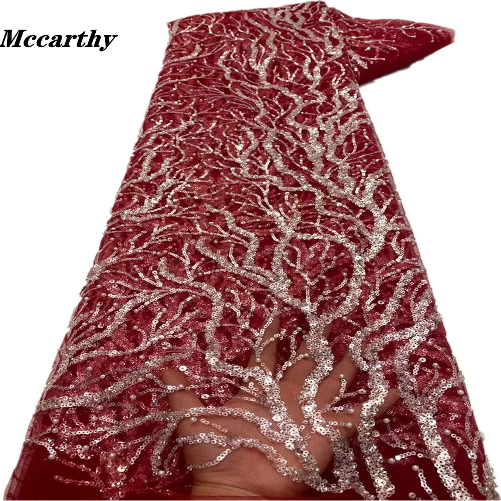 

Luxury Sequence Lace Fabric 5 Yards High Quality Sequins Beads Embroidery African Lace Nigerian Wedding Asoebi Sewing Material