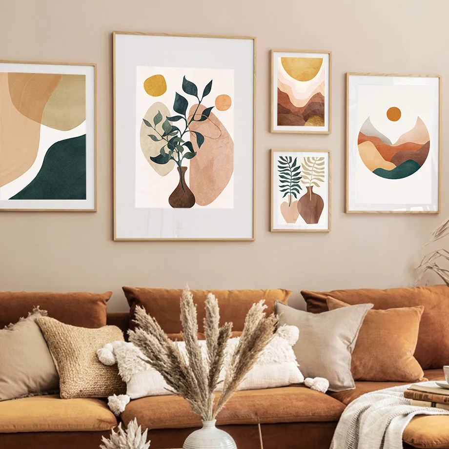 Скандинавский постер с листьями вазой солнцем каньонами геометрический