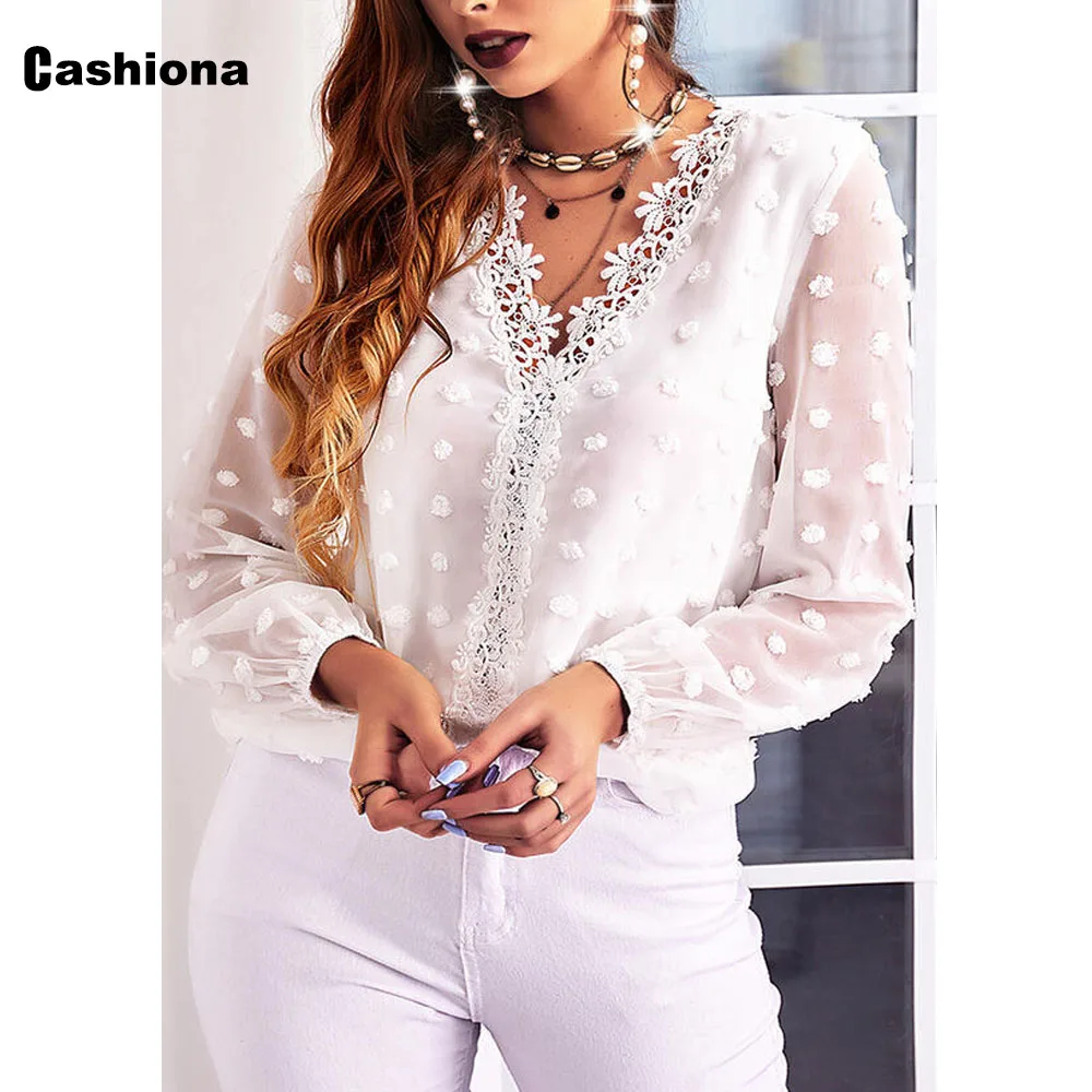 Cashiona Women Elegant Fashion Pullovers Embroidery Lace Blouse Women's Guaze Sleeve Top Clothing 2022 Summer New Tees Shirt
