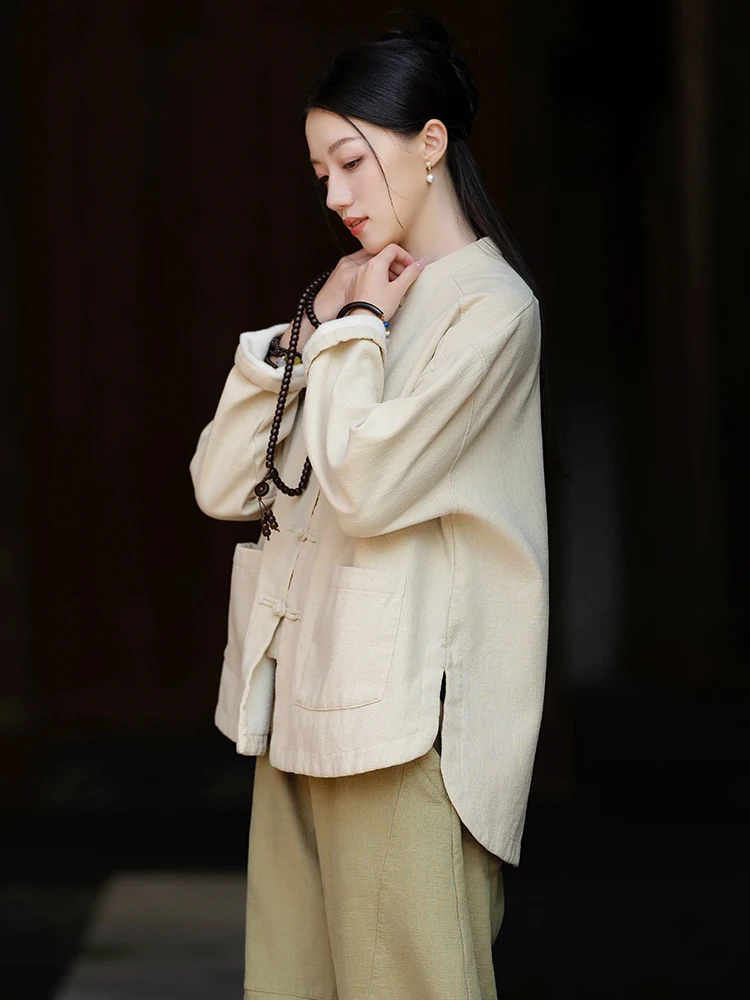 Осенне-зимний китайский кардиган в стиле ретро верхняя одежда женский Ramie Sand Fried