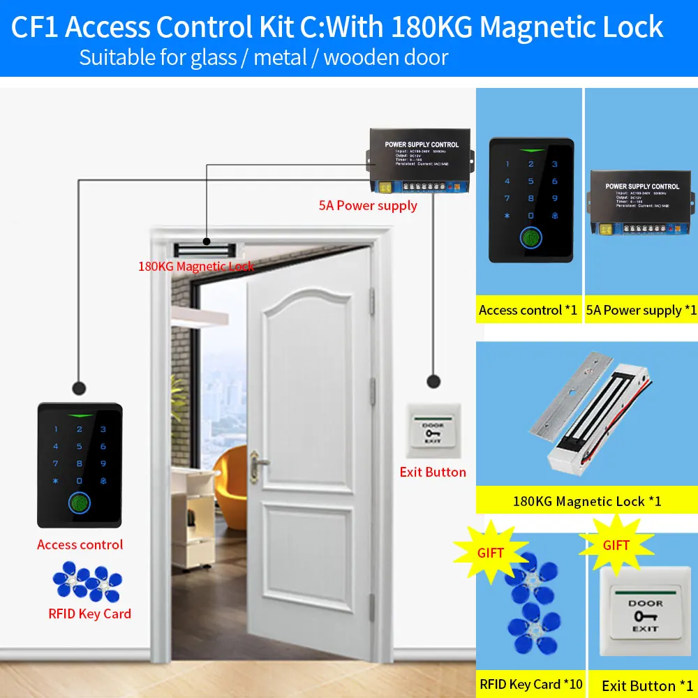 

Система контроля доступа Wi-Fi с приложением Tuya для использования вне помещения, набор водонепроницаемых RFID EM кнопок со сканером отпечатков пальцев + 180 кг электрических магнитных затворов