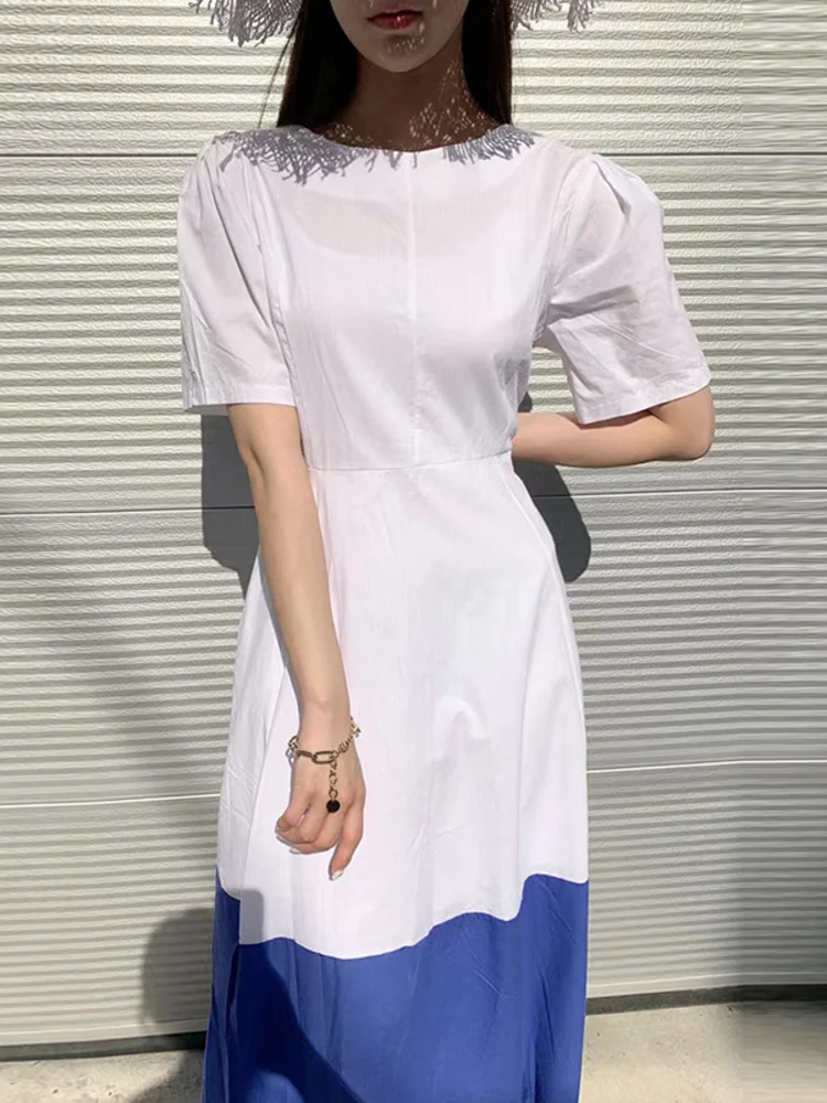 

Women Minimalist O Neck Color Blocking Dress Backless Lace-up Elegant Female Puff Sleeve Dresses 2023 Summer New Tide Robe Y374