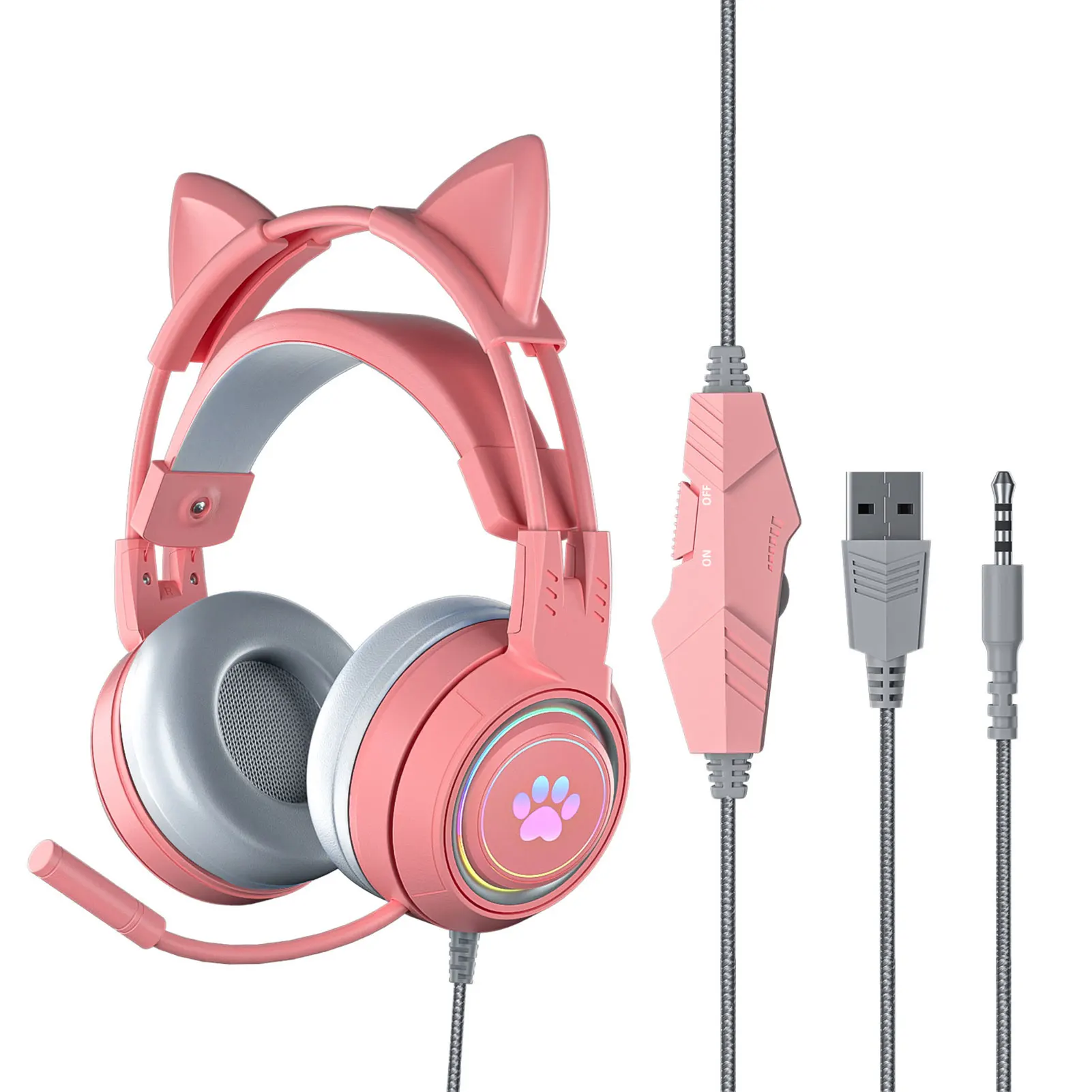 

Kids Adults With Detachable Cat Ears Volume Control Gift Fashion Wired Gaming Headset Noise Cancelling Mic RGB Backlight Cute