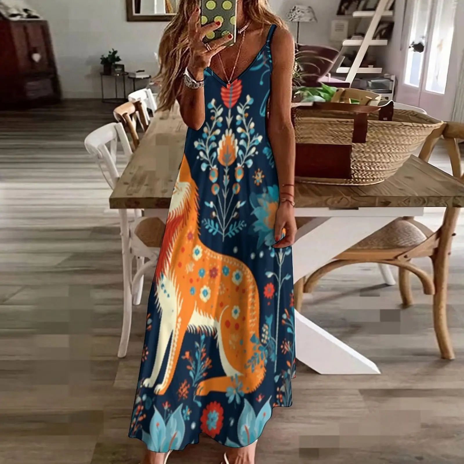 

New Summer Long Vintage Urkish Wolf Print Casual Elegant Maxi Strap Camis Dress Vestidos Sexy Women Deach Sundress