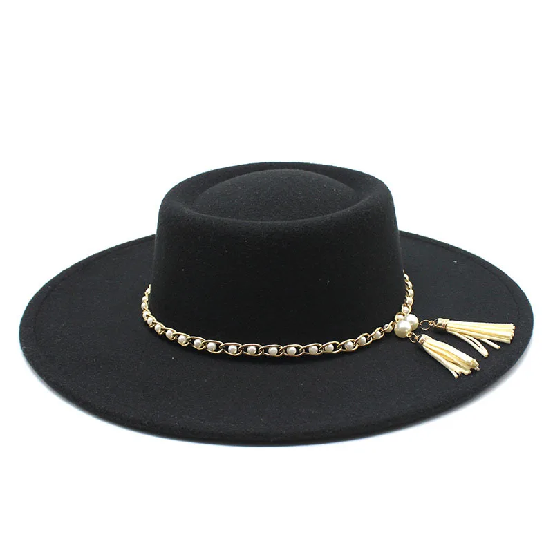 

spring autumn Women's cap hats Bowler round fedoras felt wide brim hat with chain headgear fashion chapel beach Wedding picture
