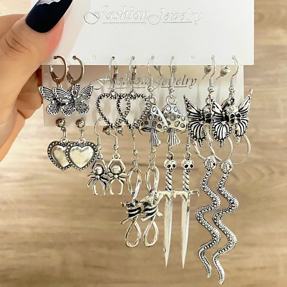 

IFMYA Trendy Retro Butterfly Heart Snake Earrings Set Punk Gothic Piercing Dangle Earrings For Women Fashion Jewelry Gift