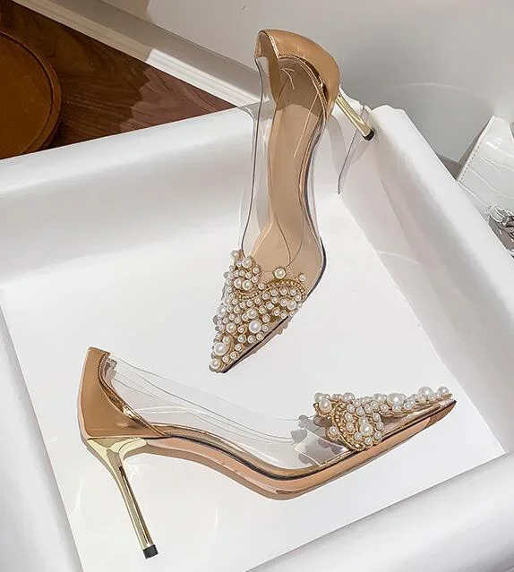 Crystal Pearl Embroidery Flower PVC Wedding Pumps Transaprent Patchwork Thin Heels Shoes Pointed Toe Shiny Silver Gold High Heel
