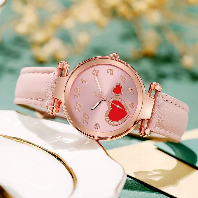 Youth Fashion Student Peach Heart Round Dial Cute Children's And Girls' Quartz Watch