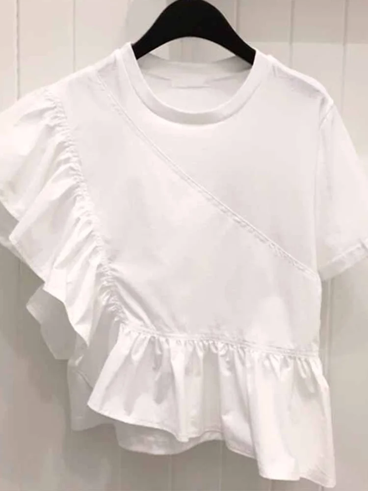 

Korea Fashion Asymmetric Stitching Ruffles Loose Sweet White Solid Color Short Sleeve T-shirt Top 2022 Summer New B737
