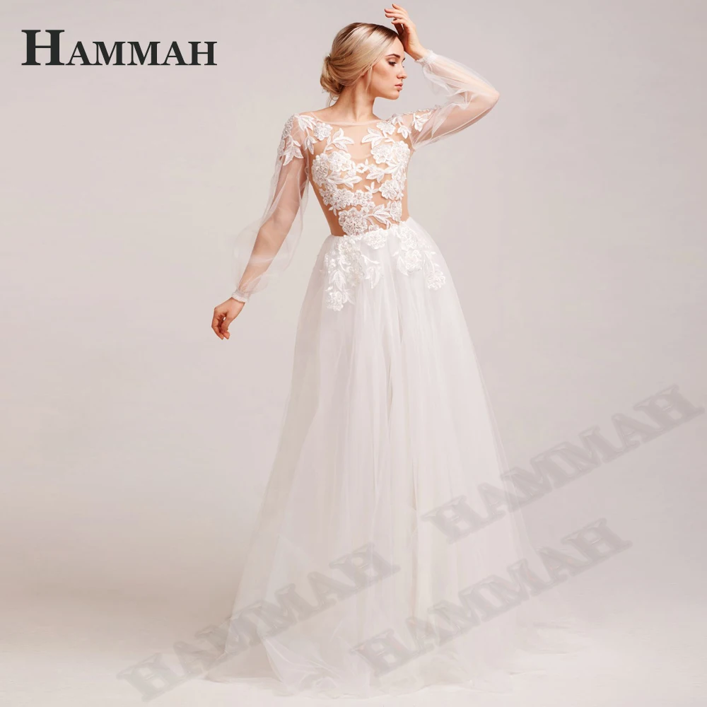 

HAMMAH Wedding Gown For Bride Long Sleeve Appliques Vestidos De Novia Brautmode A Line O Neck Simple Illusion Zipper Custom Made