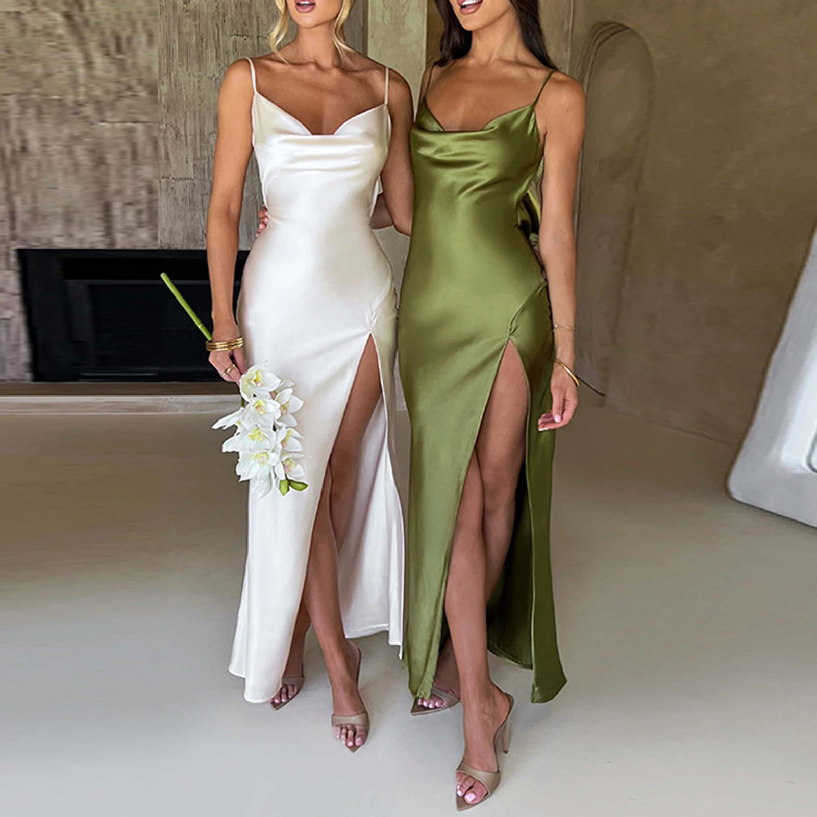 

Sexy Spaghetti Strap Backless Summer Dress Women Satin Lace Up Sleeveless Elegant V Neck Long Dress Elegant Bodycon Party Dress