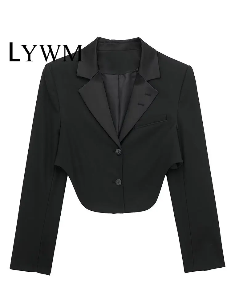 

LYWM Women Fashion Spliced Black Single Breasted Cropped Blazer Vintage Long Sleeve Lapel Neck Female Chic Lady Outfits