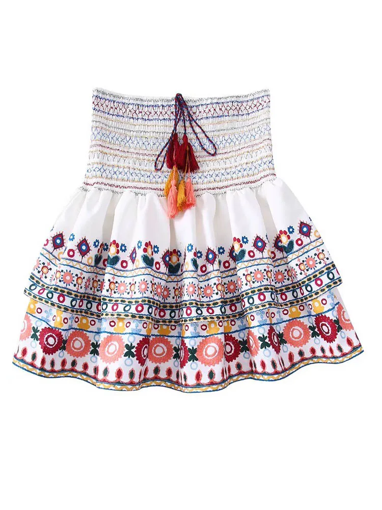 

2022 Summer Women Sweet Mini Skirts Vintage Floral Print Elastic waist Tassel Female Elegant Street A-Line Skirt Clothes
