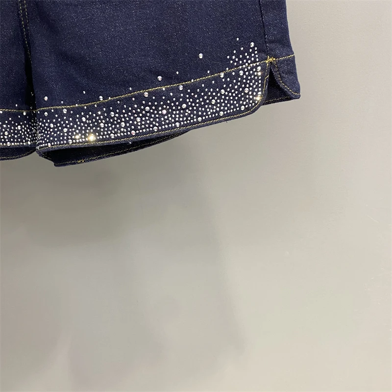 Vintage Dark Blue Trousers Hot Rhinestone Split Elastic Waist Wide-Leg A- Line Shorts Fashionable Loose Slimming Denim Hot Pants