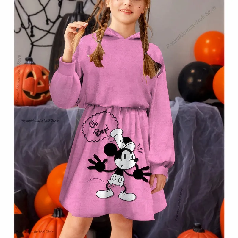 

2022 Disney autumn and winter new children's clothing casual hooded sweater dress printing princess skirt Mickey and Minnie cart