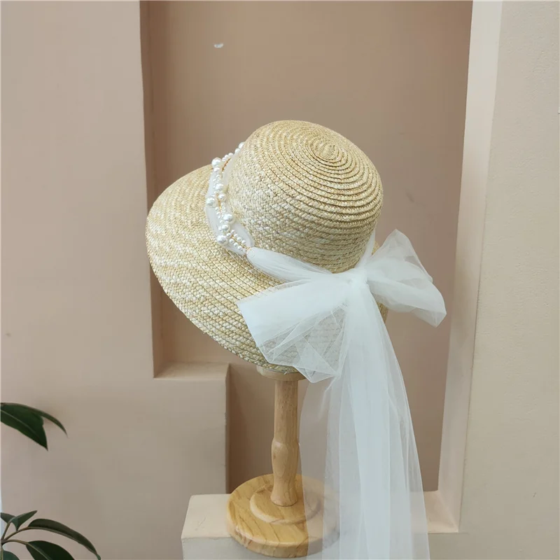 

202204-nu dropshipping Elegant Hepburn style Lampshade shape handmade straw pearl mesh lady bucket cap women fishermen hat