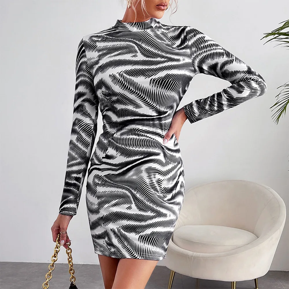 

Y2K Fashion Women's Dress Spring Autumn Skinny Wrap Dress Ladies Striped Print Pullover Mini Dress Nightclub Party Streetwear