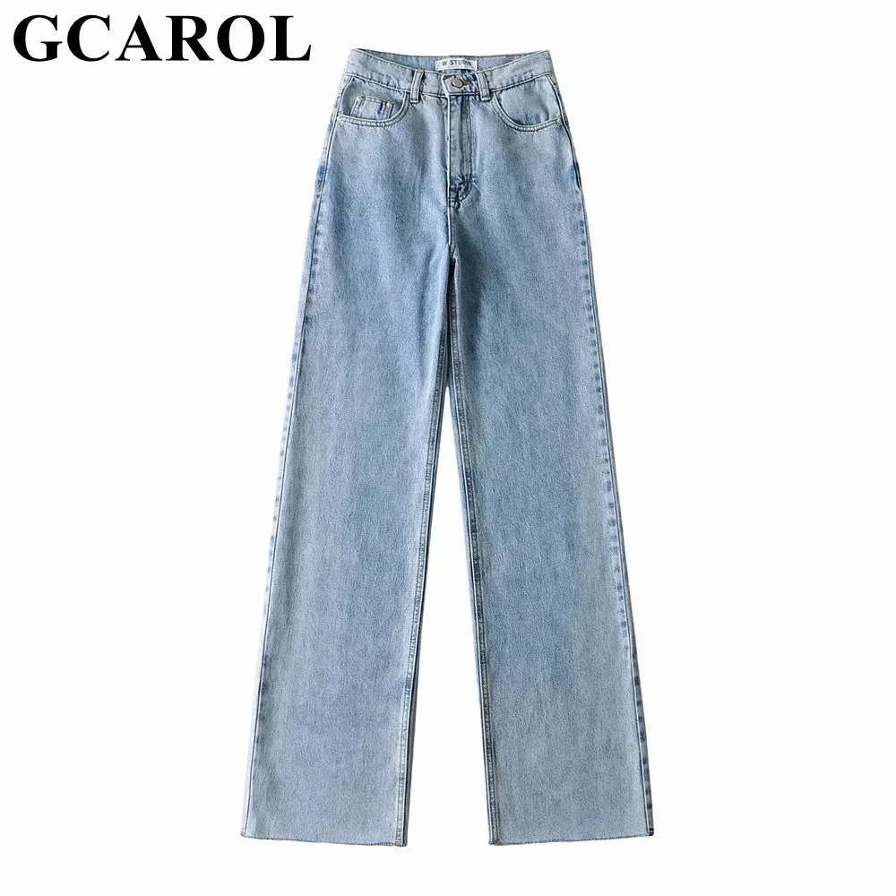 

GCAROL New Women High Waisted Wide Leg Pants With Rough Edge Slim and Sagging Chic Stylish Bottom Burr Denim Jeans Trousers