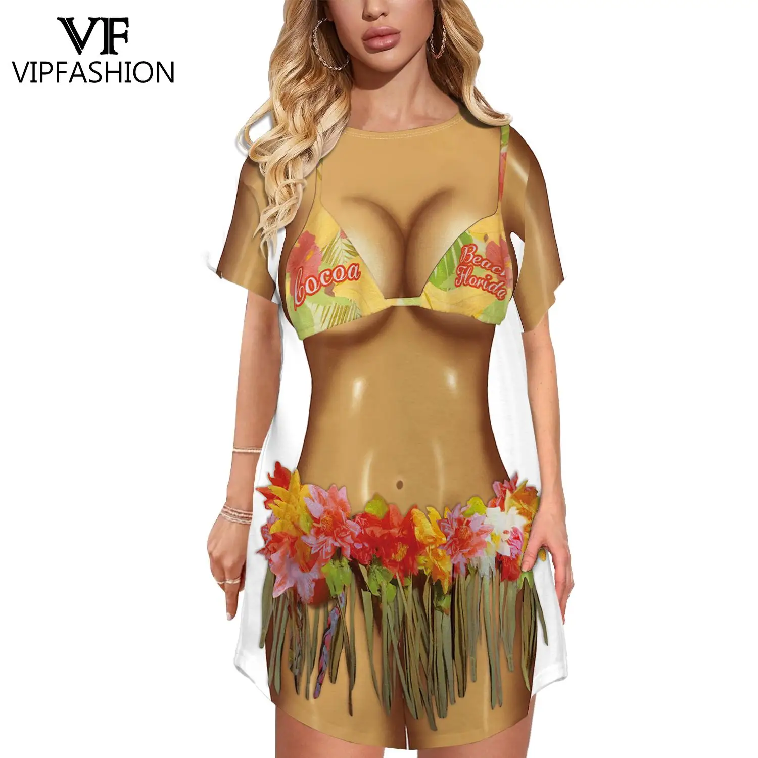 

VIP Fashion Fake Two Bikini Print T-Shirts Women Cosplay Costume Female Short Sleeve Tee Dress Casual Top Streetwear Clothing