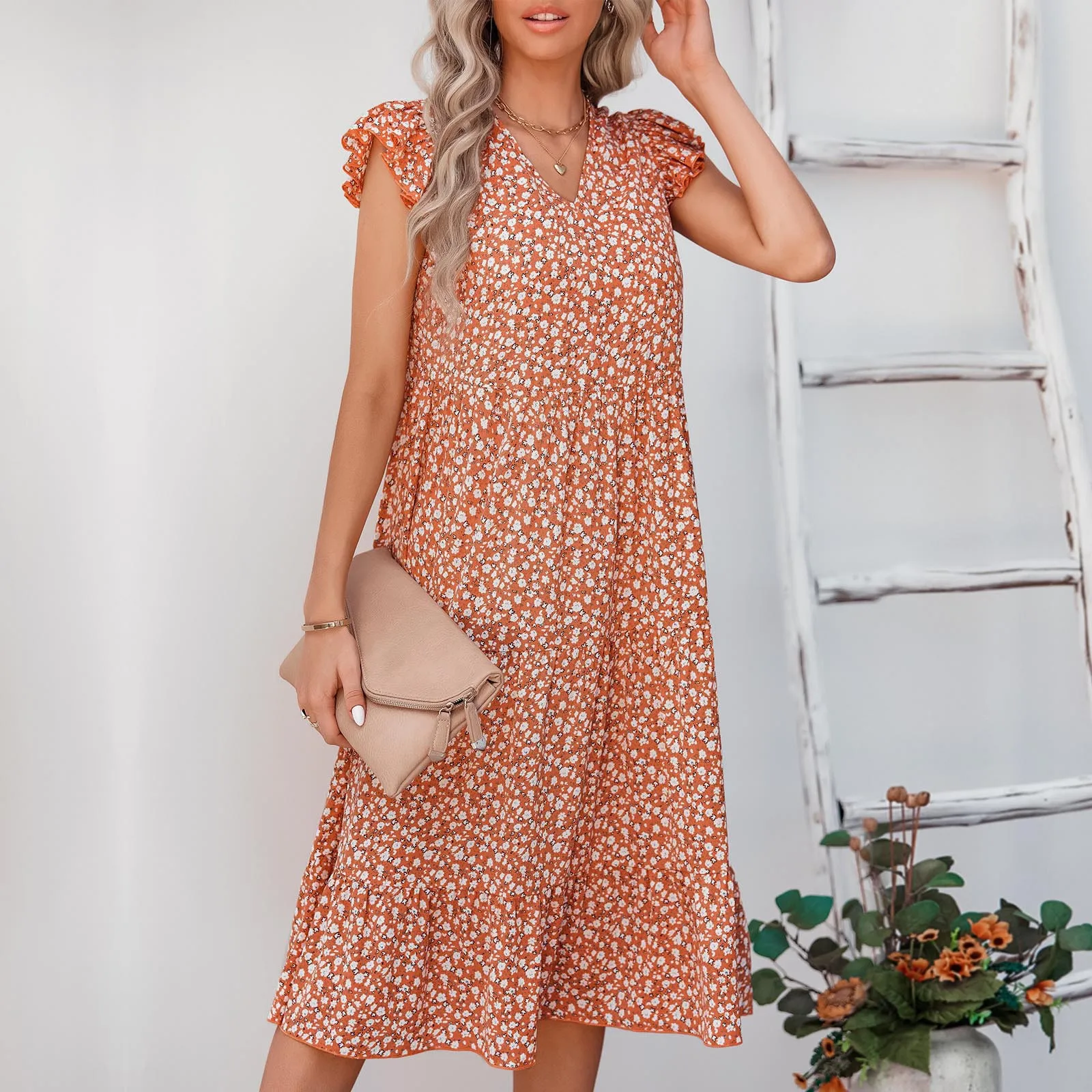 

Women Summer Casual V Neck Ruffles Floral Cut Out Flowy A Line Boho Maxi Dress
