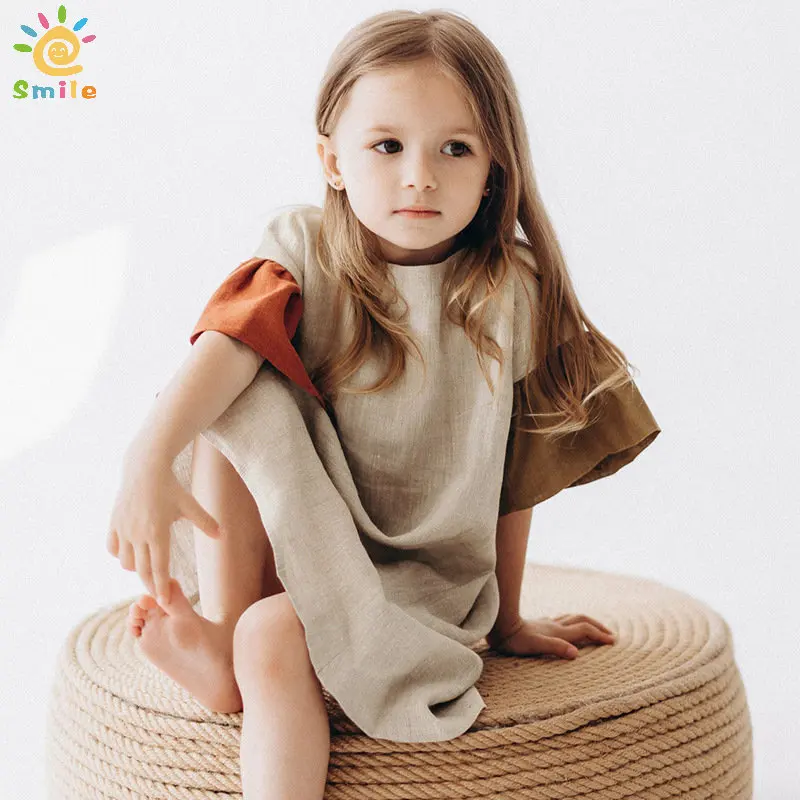 

Infants Girls Natural Linen Cotton Patchwork Dress 2023 Summer New Kids Flare Sleeve Casual Dresses Children's Clothing