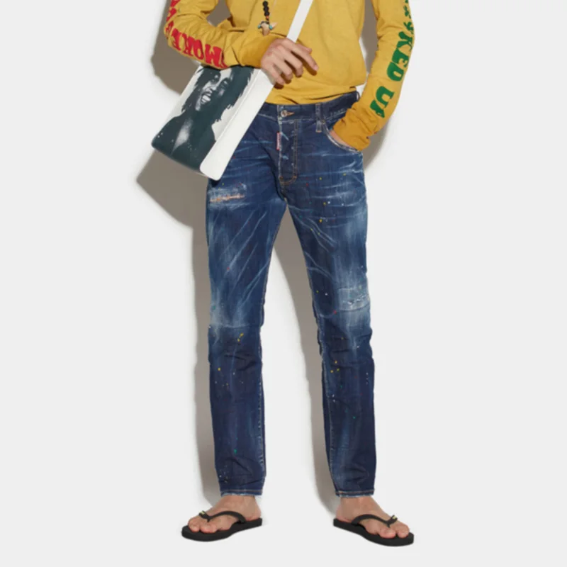 2023 Spring/Summer New D2 Jeans Men's Fashion Men's Washed and Worn Hole Patch Car Line Zipper Decoration Small Foot Blue