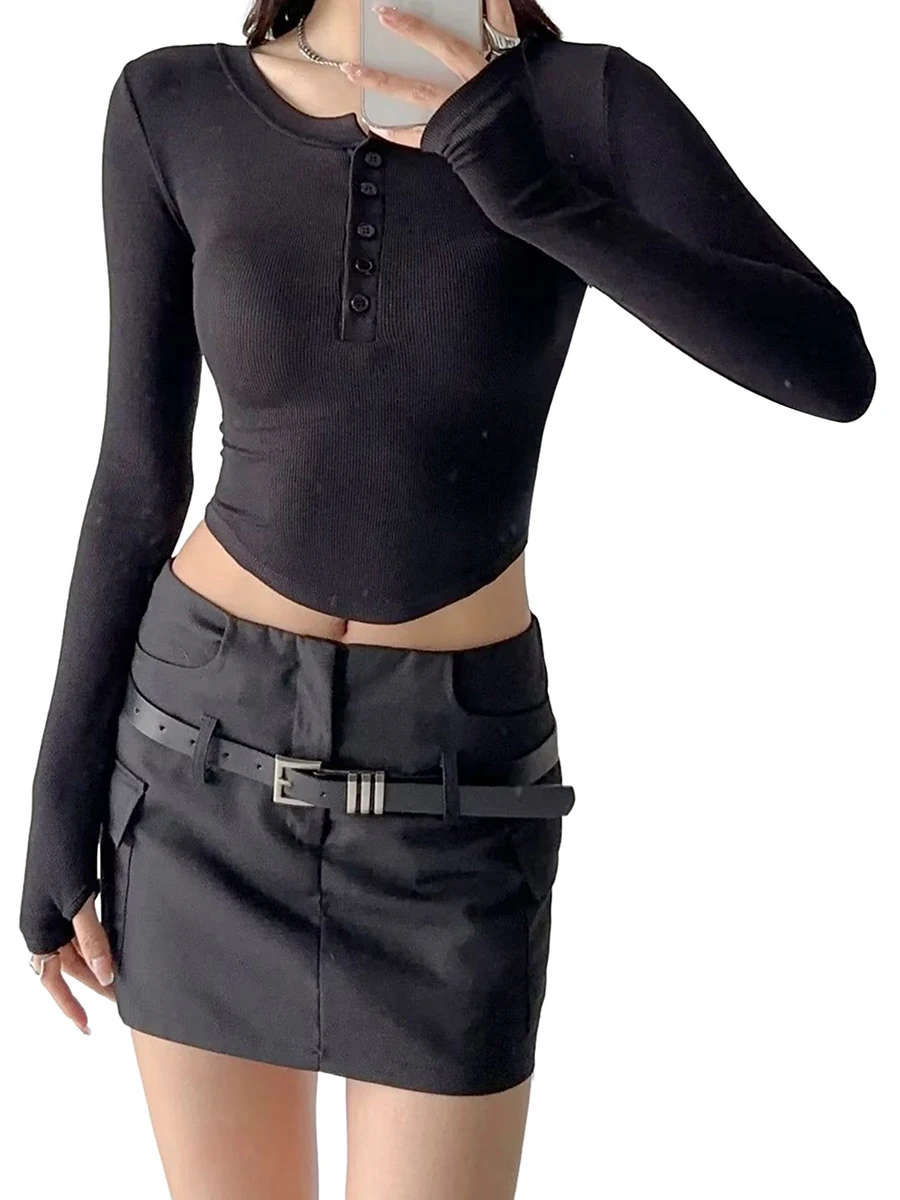 

Женский трикотажный облегающий кроп-топ в рубчик Y2k, осенняя футболка с длинным рукавом и круглым вырезом, на пуговицах