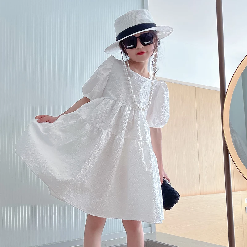 

Girls dresses Summer Puff Sleeve White Princess Dress back Cross Straps Childrens Party Dresses for Girl 10 12 14 Yrs Kids Dress
