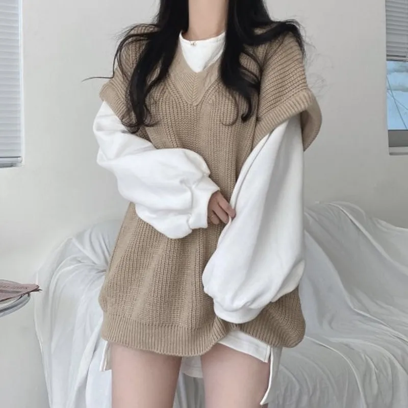 

nsemble Femme 2 Piece Elegant Loose Sweatshirt ToVest ps + KnittedOutfitsKorean Fashion Casual Two Piece Set WomenVintage E