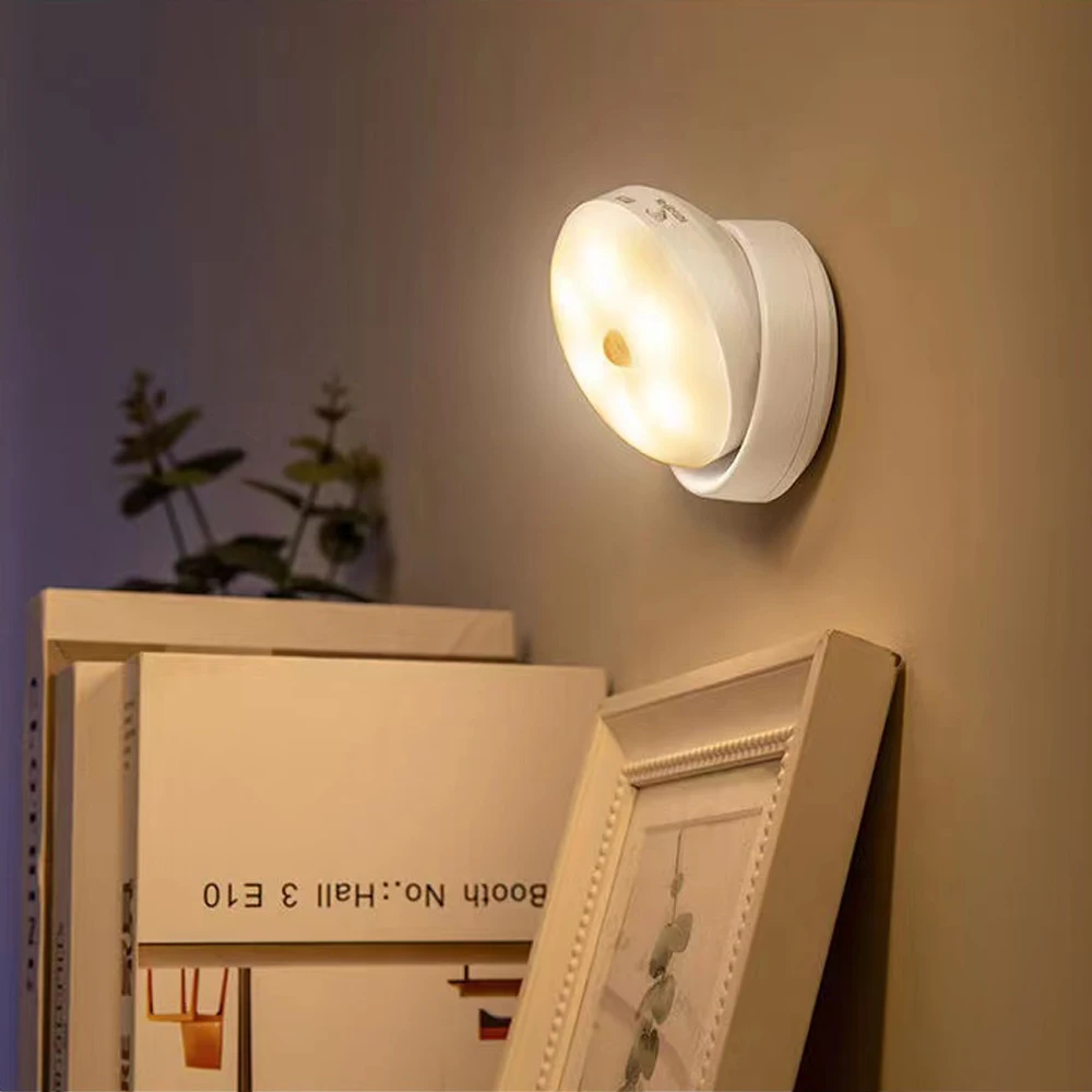 Luz nocturna con Sensor de movimiento y carga por USB, lámpara Led redonda de ahorro de energía para dormitorio, pasillo, baño y Casa, luces de pared, luz nocturna