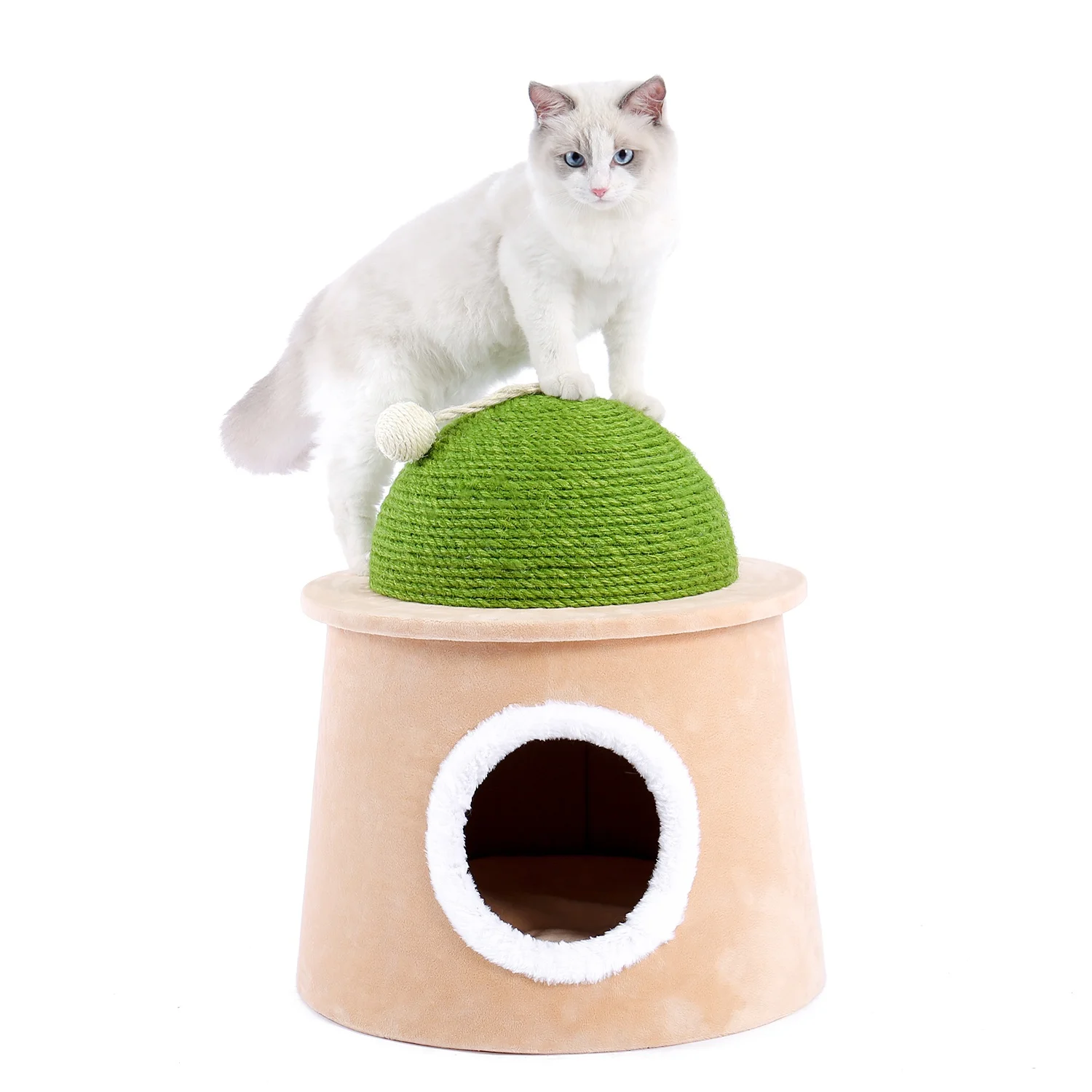 

Furniture Cactus Cat Cave House with Sisal Scratching Post and sisal ball for cat kittens Green L