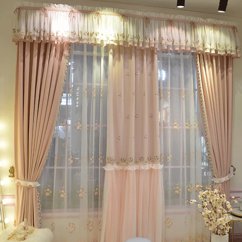 

American Style Luxury Pink Cotton and Linen Curtains Korean Flower Embroidered Bead Lace Skirt For Girls Bedroom Wedding Room