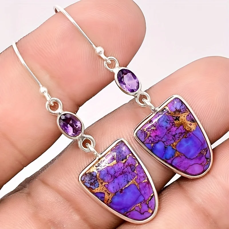 Висячие серьги с фиолетовым бирюзовым и цирконом, украшение в богемном стиле, элегантное ювелирное изделие из сплава с серебряным покрытием, праздничные аксессуары