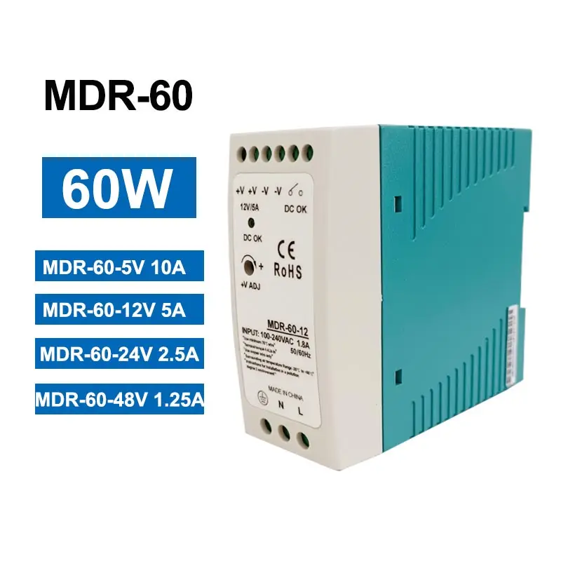 

5V 10A 12V 5A 24V 2.5A 48V 1.25A Volt 60W Bancada Fonte Rail Type Transformer MDR Switching Power Supply
