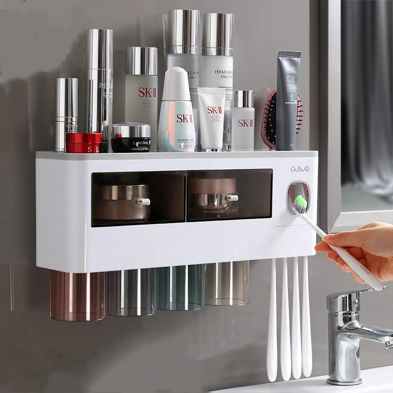 Punch-free Toothbrush Holder Magnetic Adsorption Inverted Automatic Toothpaste Dispenser Storage Rack Bathroom Accessories