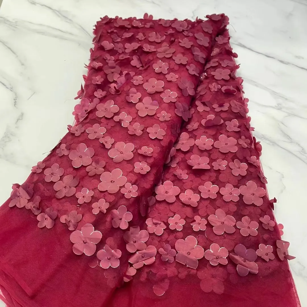 Wholesale African Tulle Lace Fabric 5 Yards Organza Red 3D Big Flower French Nigerian Mesh Lace Fabric For Sew Wedding Dress Sew