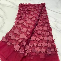 wholesale african tulle lace fabric 5 yards organza red 3d big flower french nigerian mesh lace fabric for sew wedding dress sew
