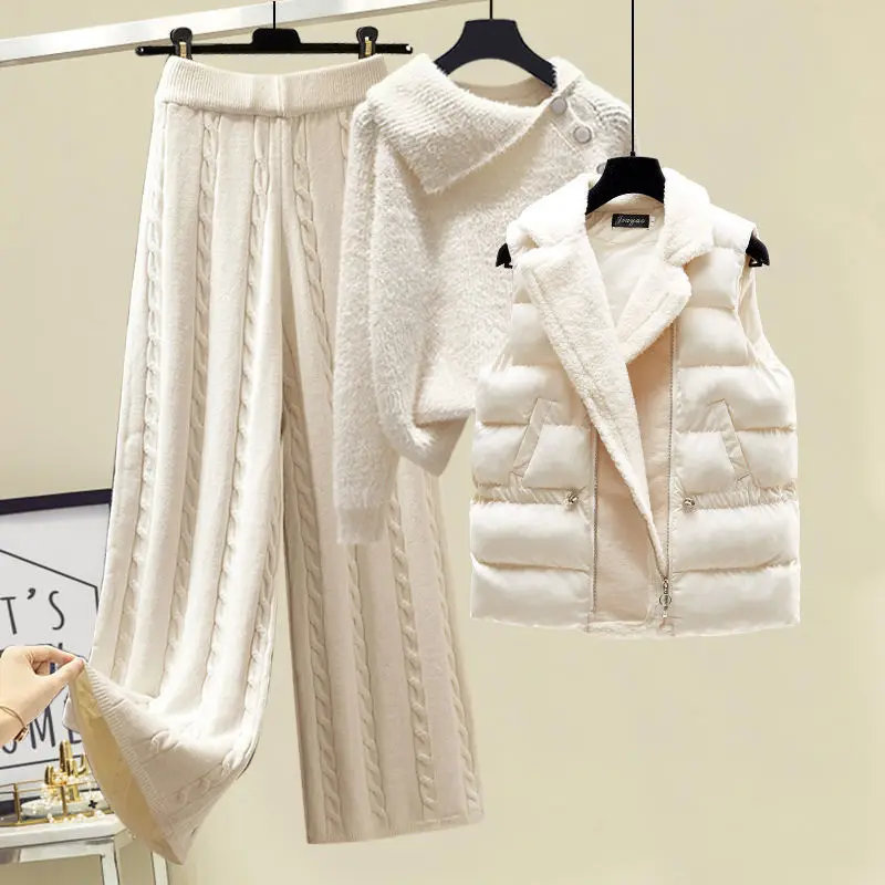 Plus Size Winter Warm 3 Piece Set Women Pullover Sweater + Wide Leg Pants +Lamb Wool Vest Knitted Suit Tracksuit Women's Clothes