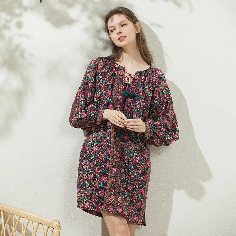 Miccbeirn 2022 Summer Silk Cotton Print Floral Dress For Women Loose Pullover Dresses With Tank Top ZHL84494